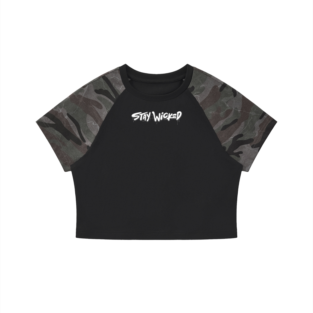 Stay Wicked Camo Raglan Crop Tee