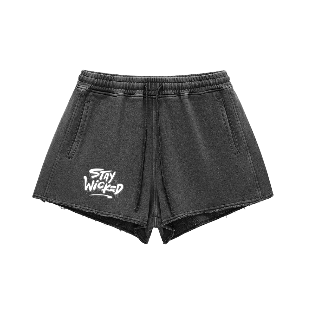Stay Wicked Snow Washed Raw Edge Drawstring Shorts